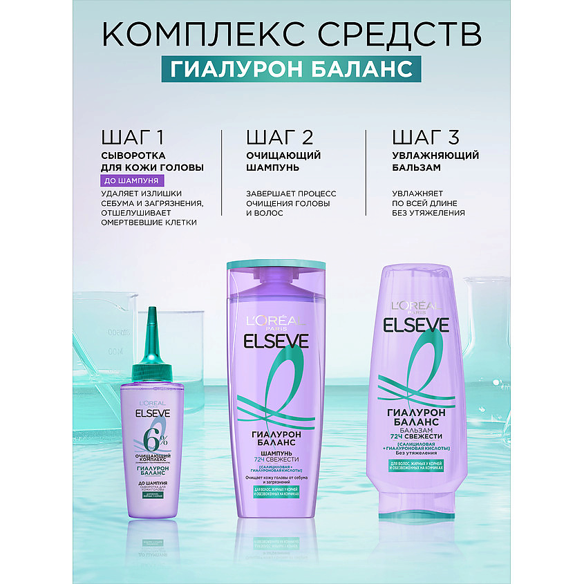 ELSEVE Шампунь для волос, жирных у корней и обезвоженных на кончиках, "Гиалурон Баланс" Hyaluron Balance – фото 6
