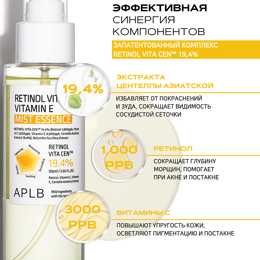 APLB Укрепляющий мист-эссенция с ретинолом и витаминами Retinol Vitamin C Vitamin E Mist Essence – фото 3