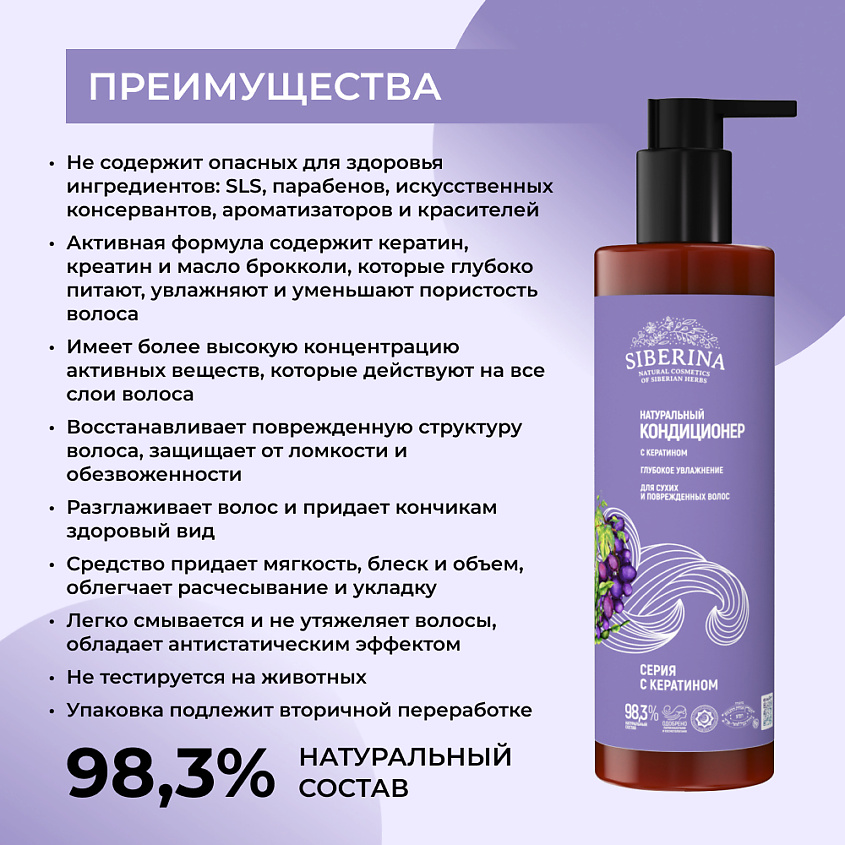 SIBERINA Кондиционер с кератином «Глубокое увлажнение» для сухих и поврежденных волос – фото 3