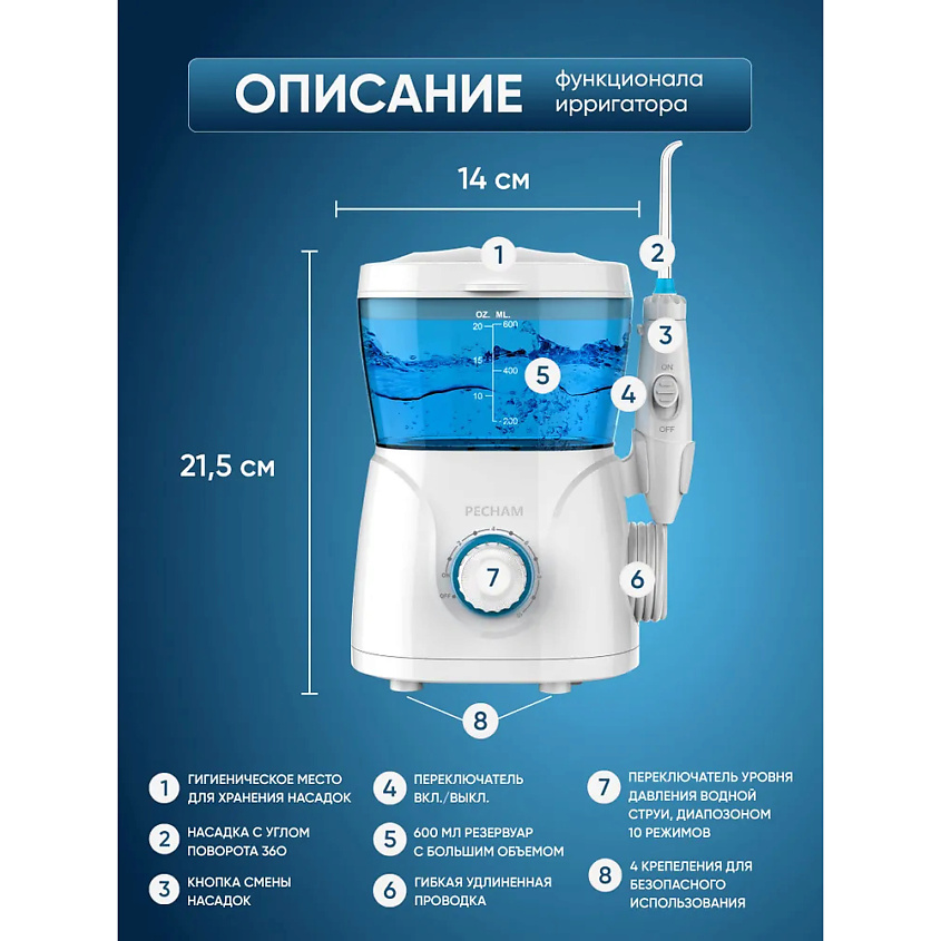PECHAM Ирригатор для полости рта и зубов стационарный, Белый – фото 5