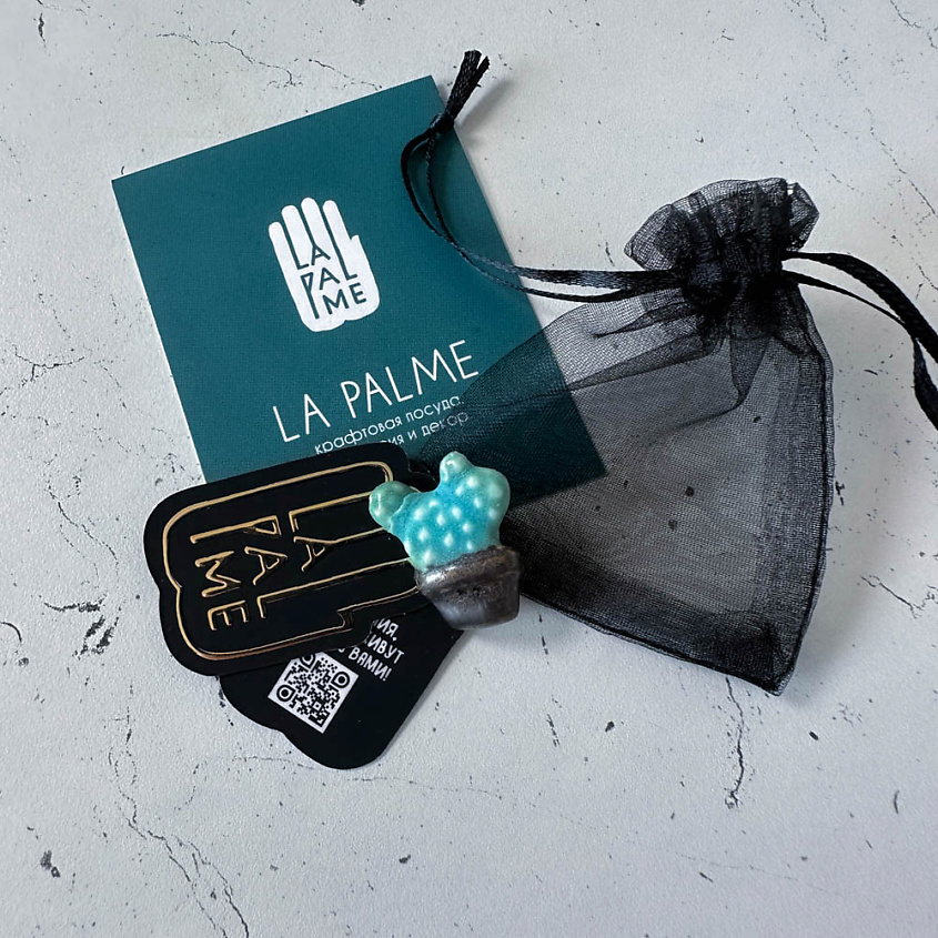 LA PALME ARTISAN CERAMICA Брошь-значок из керамики Кактус Опунция Бирюза Голд Л – фото 3